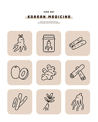 일러스트 재료 의학 자연 한국 건강 치료 한의학 약재 인삼 허브 라인아이콘 한의원 생강 건강식 시나몬 국내일러스트 AI파일 식물 아이콘 아시아 음식 채소 병원 약 삼 생태계 파일형식 벡터