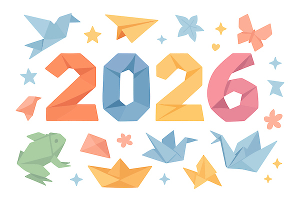 식물 동물 문자 종이 양서류 중장비 연도 종이접기 접기 파일형식 벡터 2026년 색종이 숫자 장식 조류 개구리 꽃 스타 종이비행기 컬러 형상 기중기 오브젝트 기념 예술 디자인 국내일러스트 일러스트 AI파일 병오년 새해 타이포그라피
