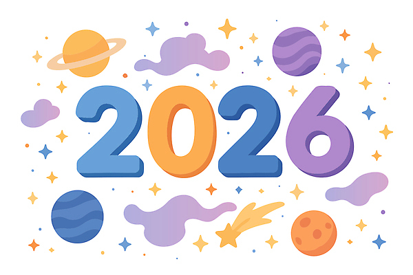 자연요소 문자 여행 컨셉 우주 행성 연도 파일형식 벡터 2026년 숫자 별 컬러 그림 백그라운드 디자인 미래 우주여행 소행성 별자리 창의성 예술 풍경 상상 국내일러스트 일러스트 AI파일 병오년 새해 타이포그라피