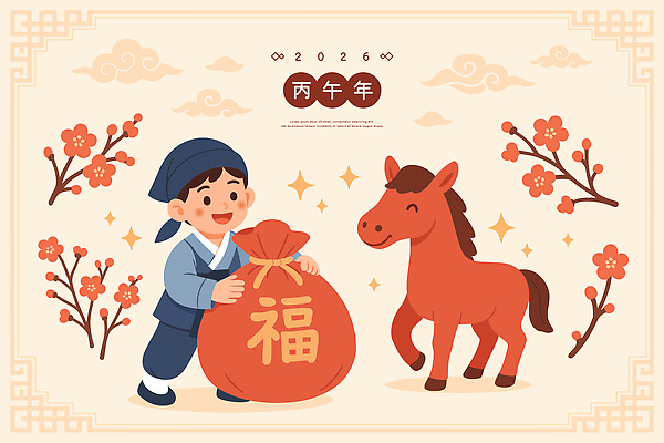 동물 한국문화 전통 명절 꽃 어린이 일러스트 가족 새해 기념 복주머니 웃음 장식 소띠 축하 말_동물 색칠 한복 즐거움 그림 말띠 2026년 국내일러스트 병오년 붉은말 AI파일 식물 동양문화 한국전통 기념일 감정 컨셉 포유류 관계 전통소품 한국 표정 사람 십이지신 소 전통의상 연도 파일형식 벡터