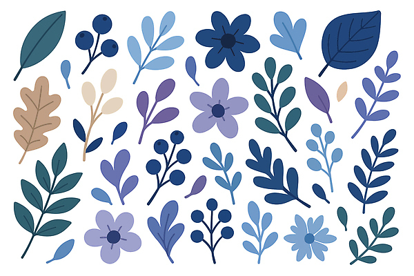 모양 식물 디자인 꽃 예술 컬러 꽃다발 잎 일러스트 자연 미술 그래픽 장식 파란색 보라색 배열 그림 원예 식물원 보테니컬아트 국내일러스트 AI파일 문화예술 취미 생태계 파일형식 벡터