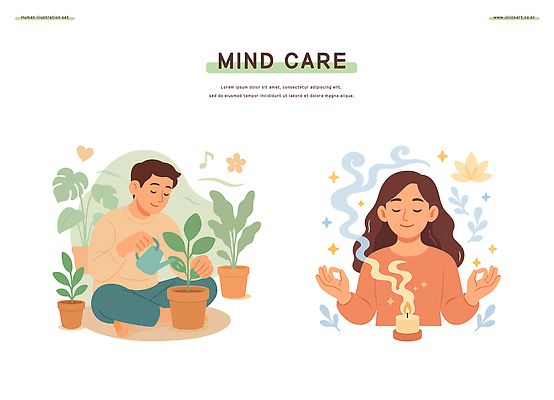 식물 웰빙 여자 남자 행복 화분 일러스트 요가 휴식 건강 취미 평화 고요 편안함 명상 물주기 그림 자기관리 정신건강 국내일러스트 AI파일 감정 컨셉 모션 사람 감각 파일형식 벡터