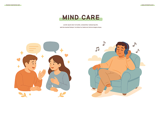 손 여자 남자 음악 의자 일러스트 휴식 말하기 대화 사람 앉기 헤드폰 듣기 편안함 귀 소통 정신건강 국내일러스트 AI파일 음향기기 가구 컨셉 모션 문화예술 건강 신체부위 감각 파일형식 벡터