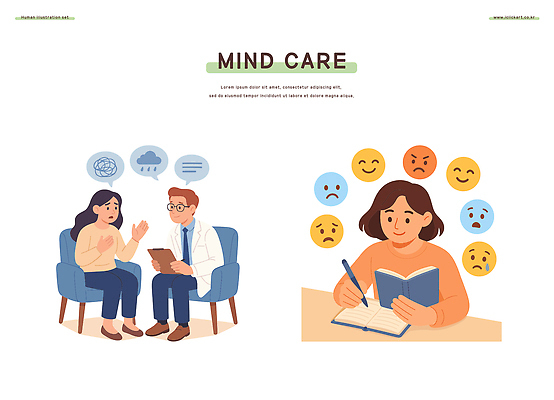 여자 행복 감정 생각 일러스트 건강 치료 의사 슬픔 분노 마음 쓰는 일기 무서움 상담 문제 돌봄 정신건강 마음건강 국내일러스트 AI파일 의학 모션 사람 의료진 파일형식 벡터