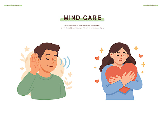 웰빙 여자 남자 행복 일러스트 휴식 건강 사랑 사람 평화 듣기 하트 마음 편안함 그림 긍정 정신건강 자기애 국내일러스트 AI파일 모양 감정 컨셉 모션 감각 파일형식 벡터