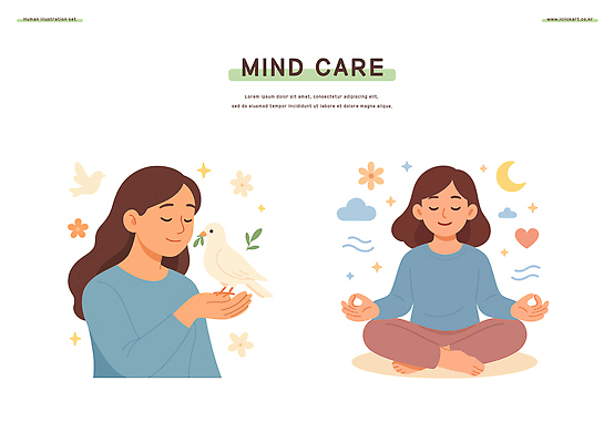 여자 행복 일러스트 건강 평화 영혼 편안함 균형 집중 명상 비둘기 조용 심리 스트레스해소 정신건강 국내일러스트 AI파일 감정 컨셉 조류 사람 감각 파일형식 벡터