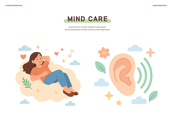 여자 행복 일러스트 휴식 건강 평화 소리 고요 듣기 마음 편안함 즐거움 명상 힐링 귀 자기관리 정신건강 국내일러스트 AI파일 감정 컨셉 모션 사람 신체부위 감각 파일형식 벡터