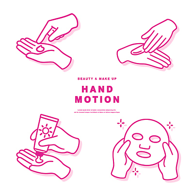 손 얼굴 분홍색 포즈 일러스트 모션 안내 관리 손짓 세트 뷰티 화장품 선크림 라인아트 피부 크림 바르기 손등 마스크팩 짜기 국내일러스트 AI파일 선 컬러 신체부위 팩 파일형식 벡터