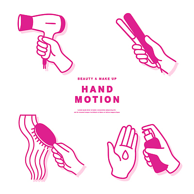 헤어스타일 손 디자인 선 분홍색 일러스트 모션 관리 손짓 화장 뷰티 머리 흰색 도구 붓 드라이어 라인아트 그림 스프레이 고데기 뷰티풀 스타일링 국내일러스트 AI파일 컬러 신체부위 미용용품 헤어용품 파일형식 벡터