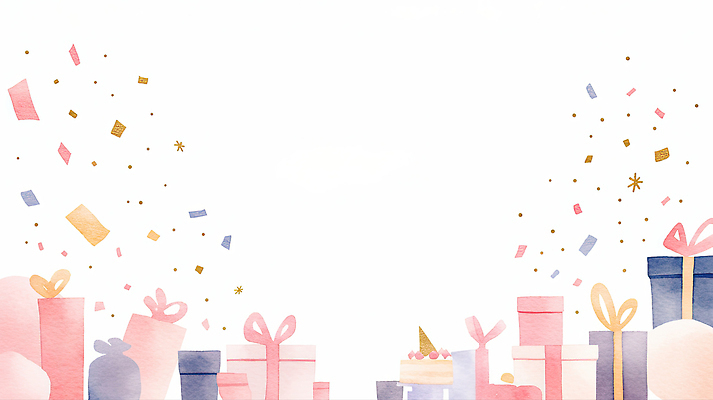 JPG 리본 분홍색 조각 백그라운드 일러스트 포장 수채화 선물 장식 파란색 선물상자 상자 파티 케이크 금색 축하 생일케이크 그림 잔치 꽃가루 국내일러스트 컬러 컨셉 디저트 이벤트 가루 파일형식