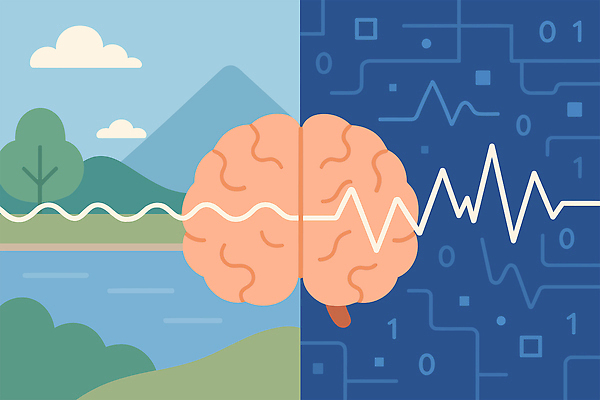 생각 일러스트 자연 산 아이디어 기술 풍경 컴퓨터 강 디지털 정보 회로판 연결 두뇌 뇌 신호 혁명 AI_인공지능 사운드웨이브 국내일러스트 AI파일 컨셉 전자제품 소리 생태계 파일형식 벡터