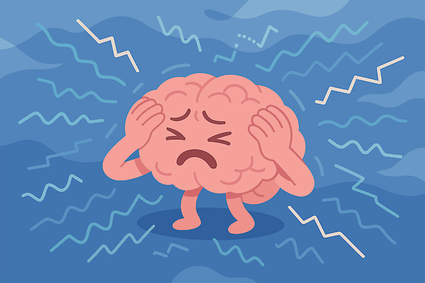 캐릭터 감정 분홍색 생각 일러스트 스트레스 건강 파란색 고통 뇌 괴로움 그림 두통 문제 신경 혼란 정신건강 국내일러스트 AI파일 컬러 컨셉 질병 파일형식 벡터