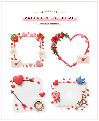 모양 식물 꽃 감정 컨셉 과일 데이이벤트 3D 디지털합성 파일형식 프레임 사랑 발렌타인데이 디자인 장식 장미 딸기 편지 하트 화려 예술 편집3D PSD 편집이미지