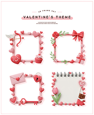 모양 식물 감정 데이이벤트 디저트 3D 케이크 디지털합성 파일형식 발렌타인데이 테마 프레임 세트 장식 아이템 사랑 꽃 편지 사탕 열쇠 하트 컵케이크 포장 편집3D PSD 편집이미지