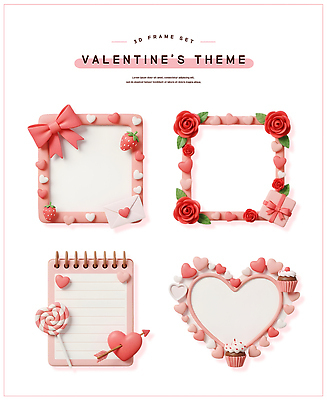 모양 꽃 감정 컬러 과일 데이이벤트 디저트 3D 케이크 파일형식 발렌타인데이 프레임 분홍색 하트 사랑 리본 장미 딸기 편지 사탕 컵케이크 장식 선물 편집3D PSD 편집이미지