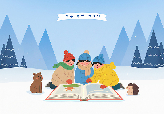 PSD 어린이 백그라운드 겨울 일러스트 곰 동화 산 함께함 이야기 앉기 책 세명 친구 독서 귀여움 읽기 고슴도치 눈덮임 국내일러스트 동물 계절 컨셉 포유류 관계 모션 사람 파일형식