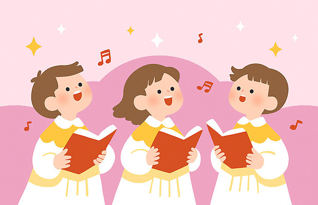 어린이 음악 분홍색 백그라운드 연주 음표 일러스트 노래 천사 노란색 공연 무대 흰색 가운 찬송가 즐거움 합창 파스텔톤 합창단 국내일러스트 AI파일 기호 옷 감정 컬러 문화예술 사람 이벤트 그룹 파일형식 벡터