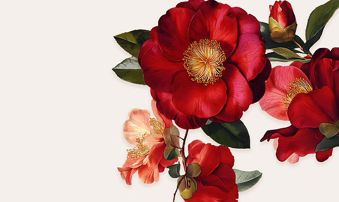 PSD 식물 꽃잎 꽃 분홍색 백그라운드 잎 일러스트 자연 미술 빨간색 초록색 우아함 묘사 그림 질감 동백 뷰티풀 색감 아이보리 국내일러스트 컬러 컨셉 문화예술 생태계 파일형식