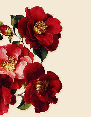 PSD 식물 꽃잎 꽃 예술 잎 일러스트 자연 미술 빨간색 초록색 노란색 정원 화려 수술 우아함 그림 동백 뷰티풀 Camellia 국내일러스트 컬러 컨셉 의학 문화예술 치료 생태계 파일형식