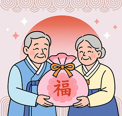한국문화 전통 명절 노년 행복 분홍색 일러스트 가족 새해 복주머니 한국 선물 웃음 빨간색 부모 설날 노부부 기쁨 인사 복 전통의상 한복 말띠 국내일러스트 병오년 AI파일 동양문화 한국전통 부부 기념일 감정 아시아 컬러 관계 전통소품 표정 성인 한자 십이지신 예절 말_동물 파일형식 벡터 2026년