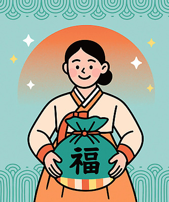 전통 여자 행복 별 일러스트 새해 복주머니 한글 설날 축하 복 한복 말띠 Hanbok Tradition Orange 국내일러스트 병오년 AI파일 자연요소 문자 한국전통 명절 감정 컨셉 전통소품 사람 한자 십이지신 말_동물 전통의상 파일형식 벡터 2026년