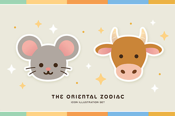 동물 디자인 문화 컬러 일러스트 새해 그래픽 세트 유행 귀여움 별자리 십이지신 소띠 운세 표현 소 쥐띠 쥐 그림 이미지 팬시 스타일 국내일러스트 AI파일 컨셉 포유류 설치류 파일형식 벡터