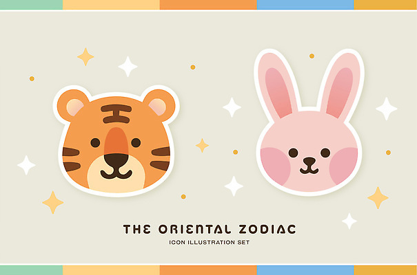 동물 캐릭터 디자인 문화 컬러 백그라운드 일러스트 새해 그래픽 세트 귀여움 십이지신 운세 표현 토끼띠 토끼 호랑이띠 호랑이 그림 팬시 직사각형 스타일 국내일러스트 AI파일 도형 컨셉 포유류 반려동물 파일형식 벡터