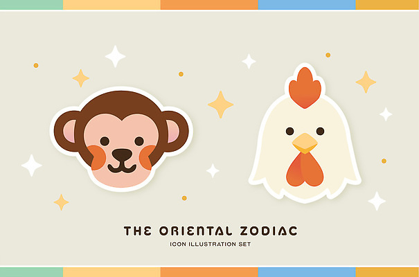 동물 캐릭터 전통 디자인 문화 컬러 백그라운드 일러스트 새해 세트 십이지신 원숭이띠 원숭이 운세 닭띠 닭 고리 그림 심플 팬시 스타일 국내일러스트 AI파일 포유류 조류 파일형식 벡터