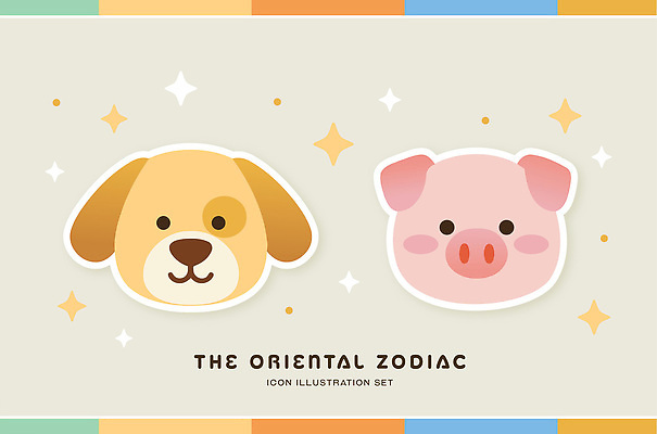 모양 동물 캐릭터 디자인 문화 얼굴 예술 컬러 일러스트 새해 세트 귀여움 별자리 십이지신 운세 표현 돼지띠 돼지 개 개띠 그림 심플 팬시 스타일 국내일러스트 AI파일 컨셉 포유류 신체부위 파일형식 벡터