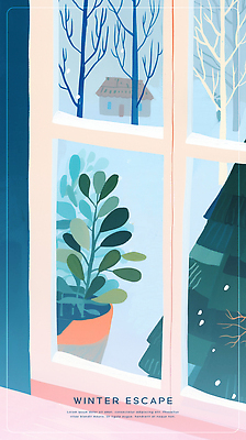 PSD 나무 식물 계절 상징 설경 겨울 일러스트 창문 자연 휴식 주택 실내 풍경 야외 햇빛 공간 차가움 풍요 국내일러스트 컨셉 내부 건물 태양 생태계 파일형식
