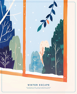 PSD 나무 식물 컬러 잎 설경 겨울 일러스트 창문 자연 주택 풍경 야외 내부 일상 감상 도시 눈송이 겨울풍경 국내일러스트 계절 눈_날씨 건물 라이프 생태계 파일형식