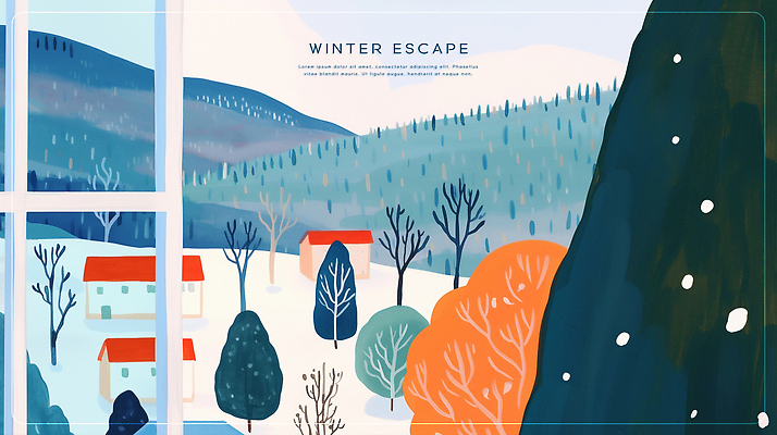 PSD 나무 컬러 설경 겨울 일러스트 창문 자연 산 주택 풍경 일상 환경 시골 그림 풍경화 국내일러스트 식물 계절 건물 라이프 생태계 파일형식