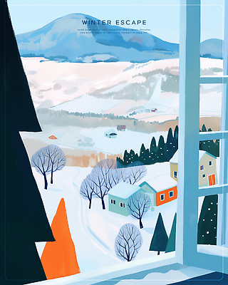 PSD 나무 길 여행 설경 겨울 일러스트 창문 자연 하늘 산 주택 풍경 마을 시골 차가움 숲 장면 조용 풍경화 국내일러스트 식물 계절 건물 그림 생태계 파일형식
