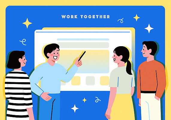 일러스트 모션 회의 협력 아이디어 직장 대화 설명 여러명 그래픽 모임 발표 집중 의견 소통 리더쉽 프로젝트 국내일러스트 AI파일 다수 컨셉 회사 비즈니스 말하기 사람 파일형식 벡터