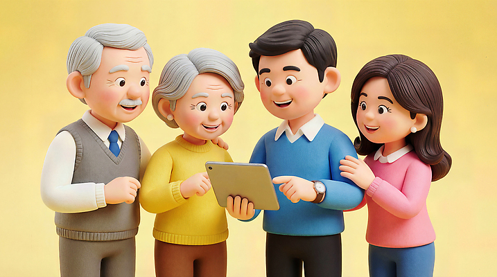 여자 노년 남자 감정 컬러 컨셉 가족 관계 표정 말하기 건물 전자제품 스마트기기 3D 파일형식 태블릿 웃음 소통 할아버지 할머니 부모 자녀 대화 행복 사랑 기술 세대 모션 주택 편집3D JPG 편집이미지 노란색