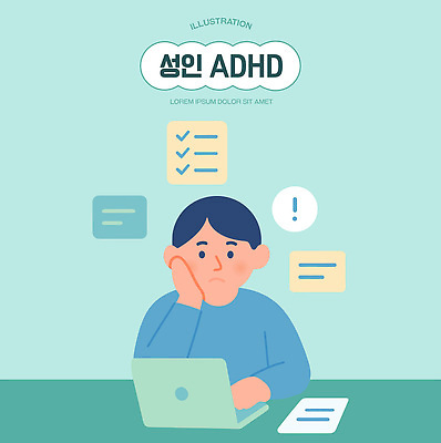 캐릭터 디자인 남자 감정 생각 일러스트 사람 성인 컴퓨터 스크린 표현 작업 알림 집중 고민 증상 체크리스트 ADHD 국내일러스트 AI파일 컨셉 전자제품 질병 파일형식 벡터