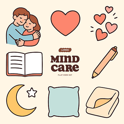 디자인 감정 별 일러스트 모션 포옹 사랑 사람 책 펜 이불 달 하트 표현 그림 정신건강 마음건강 국내일러스트 AI파일 자연요소 모양 침구 안기 건강 필기구 마음 파일형식 벡터