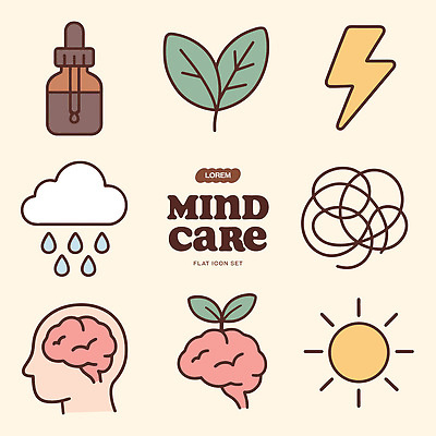 식물 감정 일러스트 스트레스 건강 치료 세트 햇빛 마음 번개 뇌 그림 정신건강 마음건강 국내일러스트 AI파일 의학 날씨 태양 파일형식 벡터