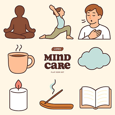 일러스트 촛불 요가 모션 생활 책 세트 평화 마음 명상 향 돌봄 정신건강 마음건강 국내일러스트 AI파일 웰빙 컨셉 초 건강 파일형식 벡터