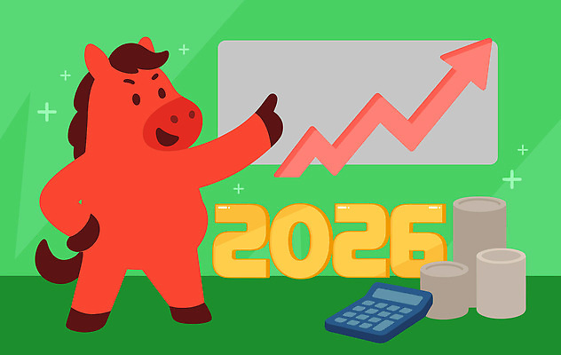 동물 캐릭터 기호 일러스트 통계 표시 수치 그래프 새해 초록색 계산기 성장 말 말_동물 목표 계획 방향 상승 말띠 재정 2026년 국내일러스트 병오년 붉은말 AI파일 문자 컬러 컨셉 포유류 문구용품 장비 십이지신 연도 파일형식 벡터