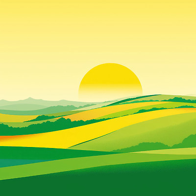 JPG 백그라운드 일러스트 자연 하늘 생명 풍경 초원 초록색 여름 빛 태양 노란색 일출 노을 축제 땅 언덕 지평선 평야 전경 경관 국내일러스트 자연요소 계절 컬러 생태계 파일형식 탑뷰