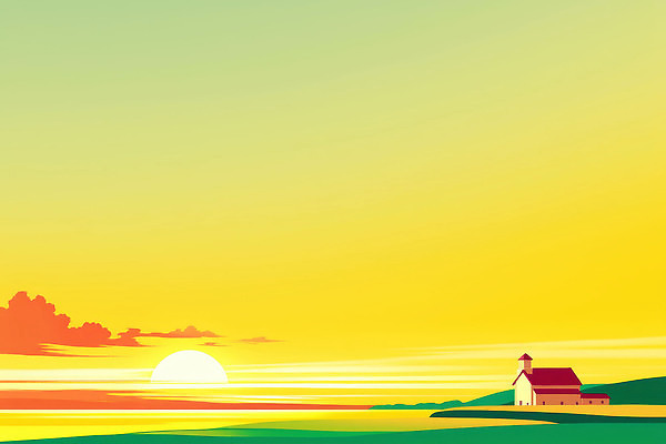 JPG 컬러 백그라운드 일러스트 자연 하늘 날씨 풍경 초원 건물 초록색 태양 농장 노란색 일출 농사 고요 일몰 저녁 그림 평야 풍경화 국내일러스트 자연요소 건축물 농업 노을 야간 생태계 파일형식
