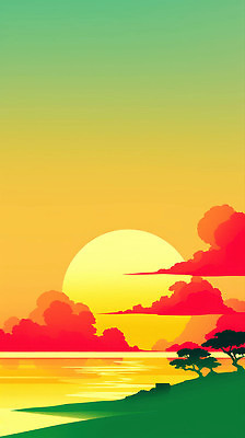 JPG 나무 실루엣 컬러 하늘색 일러스트 자연 하늘 풍경 초록색 물 태양 반사 노란색 평화 일출 노을 일몰 저녁 국내일러스트 자연요소 식물 컨셉 촬영기법 파란색 야간 생태계 파일형식