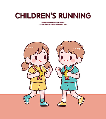 어린이 스포츠 일러스트 모션 놀이 기념 웃음 이벤트 친구 운동복 달리기 경쟁 레이싱 메달 체육 즐거움 트랙 장면 체육대회 소통 러닝 국내일러스트 AI파일 옷 감정 컨셉 관계 표정 사람 시합 대회 상_상패 파일형식 벡터