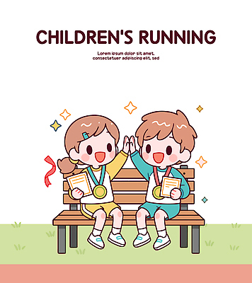 어린이 스포츠 벤치 일러스트 모션 놀이 웃음 경기 친구 달리기 경쟁 기쁨 축하 그룹 수상_상을받음 메달 즐거움 하이파이브 체육대회 러닝 참여 국내일러스트 AI파일 감정 컨셉 의자 관계 표정 사람 손짓 체육 대회 상_상패 파일형식 벡터