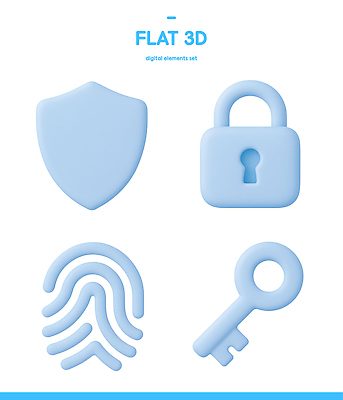 PSD 아이콘 디자인 열쇠 자물쇠 그래픽 파란색 3D아이콘 3D 디지털 보안 금고 소프트웨어 지문 평면 벡터 컬러 안전 디지털합성 파일형식
