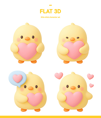 PSD 편집이미지 캐릭터 디자인 감정 스티커 3D캐릭터 병아리 사랑 세트 노란색 귀여움 하트 표현 작음 편집3D 모양 컬러 컨셉 조류 3D 크기 파일형식