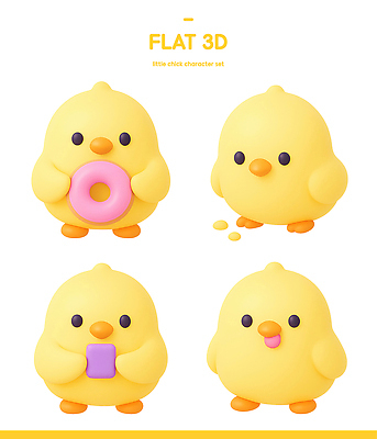 PSD 편집이미지 캐릭터 디자인 모션 놀이 3D캐릭터 병아리 세트 장난감 노란색 귀여움 표현 도넛 오브젝트 유아용 편집3D 컬러 컨셉 조류 디저트 3D 파일형식
