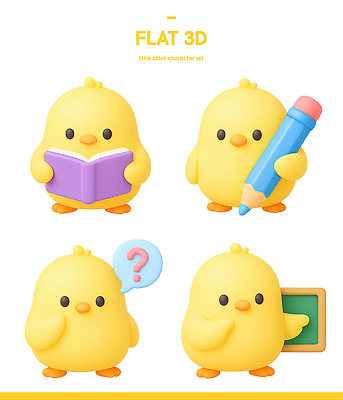 PSD 편집이미지 캐릭터 디자인 컬러 모션 3D캐릭터 병아리 책 학습 연필 3D 귀여움 칠판 질문 창의력 디지털아트 편집3D 교육 컨셉 조류 학용품 필기구 디지털합성 파일형식