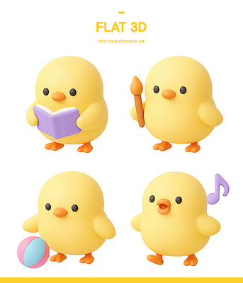 PSD 편집이미지 캐릭터 디자인 음악 공 모션 놀이 색연필 3D캐릭터 병아리 책 세트 노란색 3D 귀여움 아기 스타일 편집3D 컬러 컨셉 조류 문화예술 학용품 사람 디지털합성 파일형식